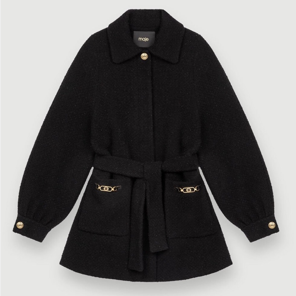 Maje Black Bouclé Belted Teddy Jacket with Gold Hardware